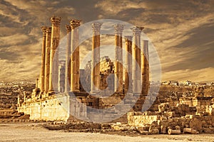 Temple of Artemis in the ancient Roman city of Gerasa at the sunset, preset-day Jerash,