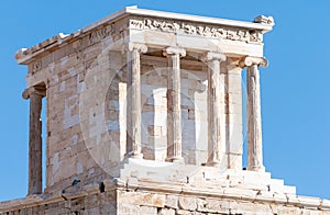 Temple of Athena Nika standing on a platform perched atop the steep southwest edge of Acropolis in Athens, Greece