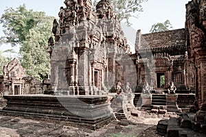Temple Banteay Srei, Cambodia. Ruins of Hindu Temple Banteay Srei, Angkor Wat. Monkey guards at temple entrance. Vintaged style