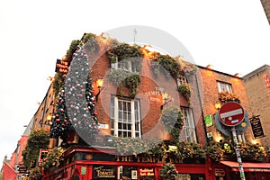 Temple Bar Pub in Temple lane - Central Dublin, Ireland - Cultural quarter - Christmas Tree - Nightlife hub