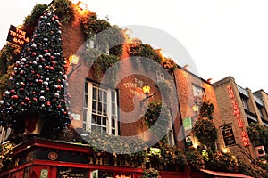 Temple Bar Pub in Temple lane - Central Dublin, Ireland - Cultural quarter - Christmas Tree - Nightlife hub