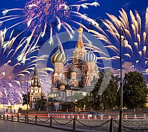 Temple of Basil the Blessed and fireworks in honor of Victory Day celebration WWII, Red Square, Moscow, Russia.