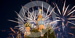 Temple of Basil the Blessed and fireworks in honor of Victory Day celebration WWII,  Red Square, Moscow, Russia