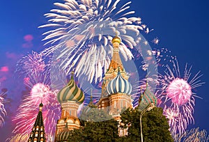 Temple of Basil the Blessed and fireworks in honor of Victory Day celebration WWII,  Red Square, Moscow, Russia