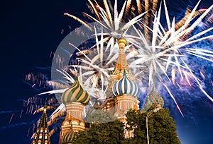 Temple of Basil the Blessed and fireworks in honor of Victory Day celebration WWII,  Red Square, Moscow, Russia