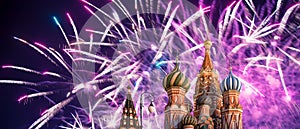 Temple of Basil the Blessed and fireworks in honor of Victory Day celebration WWII, Red Square, Moscow, Russia