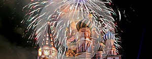 Temple of Basil the Blessed and fireworks in honor of Victory Day celebration WWII, Red Square, Moscow, Russia