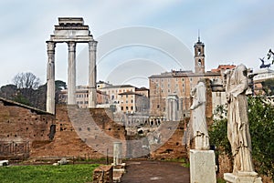 Temple of Castor and Pollux and antique statues at a temple of the Vestal Virgins