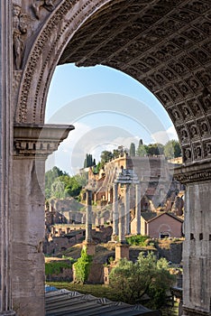 Temple of Castor and Pollux and Arch of Severus monuments, Roman Forum, Rome, Italy