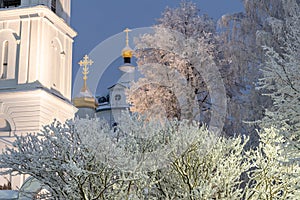 Temple, cathedral, cross, Orthodoxy, icons, dome, winter, snow