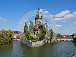 Temple Church in Metz With River Moselle