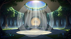 Mystical Temple in Forest with Light Beams and Circular Architecture