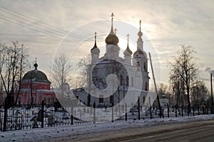 The temple in the city of Rybinsk, illuminated by the backlight of the sun. photo