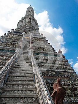 The Temple of Dawn Wat Arun and blue sky in Bangkok, Thailand