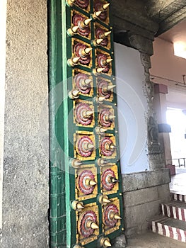 Temple Door with sharp steel nodes and wooden make with colorful ancient art