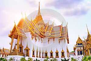 Temple of the Emerald Buddha at sunset, Thailand, Bangkok, Wat Phra Kaew. The royal grand palace