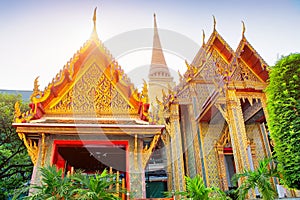 Temple of the Emerald Buddha at sunset, Thailand, Bangkok, Wat Phra Kaew. The royal grand palace