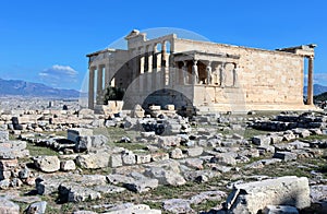 The Temple of Erechtheion's porch with 6 caryatids in the Acropolis of Athens, Greece.