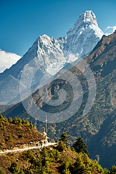 Temple the Eyes of Buddha beside Ama Dablam mountain, Everest base camp trek, Nepal.