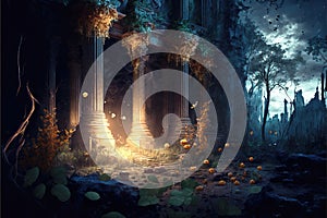 Temple in fantasy forest at night, old ruins and magic light, illustration, generative AI