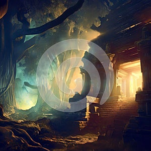 Temple in fantasy forest at night, old ruins and magic light, Surreal mystical fantasy artwork. Generative AI