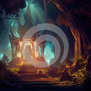 Temple in fantasy forest at night, old ruins and magic light, Surreal mystical fantasy artwork. Generative AI