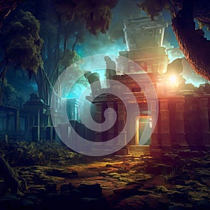 Temple in fantasy forest at night, old ruins and magic light, Surreal mystical fantasy artwork. Generative AI
