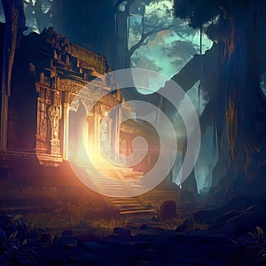 Temple in fantasy forest at night, old ruins and magic light, Surreal mystical fantasy artwork. Generative AI