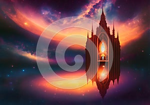 Temple on fantasy planet somewhere in the universe.Generative Al Illustration