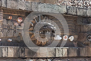 Temple of the Feathered Serpent. Wall detail in Teotihuacan pyramid complex