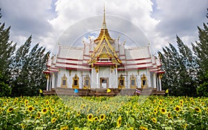 Temple on field of sunflower