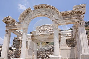 Temple of Hadrian ruins in Ephesus ancient city at sunny day, Izmir, Turkey. Turkish famous landmark