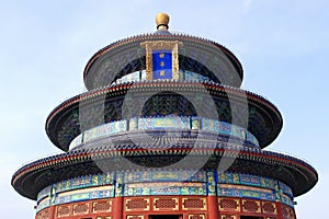 The Temple of Heaven closeup view with a clear blue sky background in Beijing, China