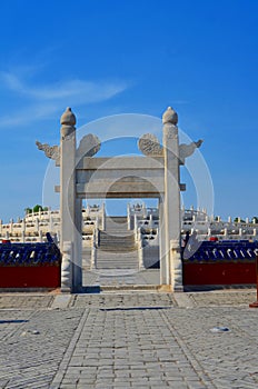 Temple of Heaven, entrance to Circular altar of Yuanqiu in Beijing, China It is the religious complex where the Emperors pray to t