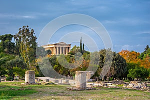 The Temple of Hephaestus in ancient market agora under the rock of Acropolis.