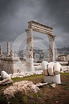 The Temple of Hercules and the hand, Amman Citadel, Jordan in cloudy