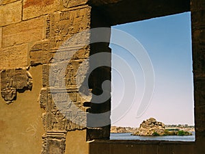 Temple hieroglyphs with Nile River View at Philae