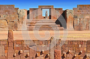 Temple Kalasasaya pre Columbian Archaeological Site in Tiwanaku, Bolivia.