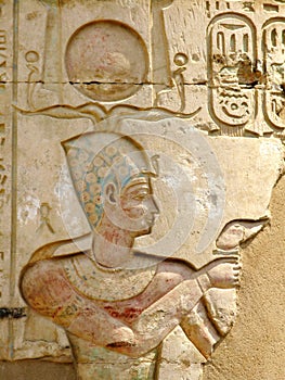 Temple of Kom Ombo, Egypt: polychromed relief of the Pharaoh
