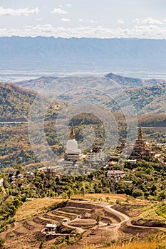 Temple in the mountain with colorful forest