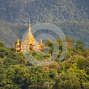 Temple and mountains. Beautiful landscape. Laos.