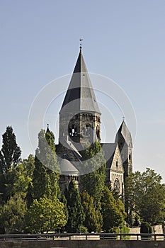 Temple Neuf Church from Island on Moselle river in Old Town of Metz City of France
