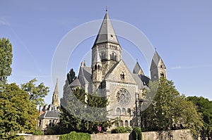 Temple Neuf Church from Island on Moselle river in Old Town of Metz City of France