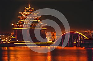 Temple Night Reflection Jinming Lake Kaifeng Henan China