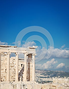 Temple of the Nika Apteros in the Athenian Acropolis against the blue sky