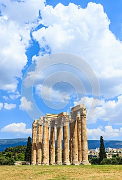 Temple of Olympian Zeus on bright sunny and beautiful sky clouds, Athens