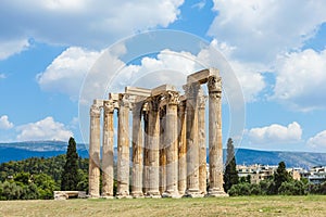 Temple of Olympian Zeus on bright sunny and beautiful sky clouds, Athens