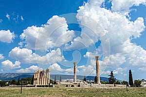 Temple of Olympian Zeus on bright sunny and beautiful sky clouds, Athens