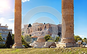 Temple of Olympian Zeus overlooking Acropolis, Athens, Greece, Europe