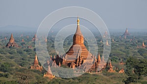 The Temple and Pagoda Fields in Bagan in Myanmar in Southeastasia. Generative AI photo